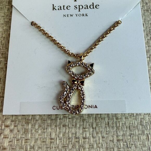NWT Kate Spade Jazz Things Up Pave Cat Kitty Goldtone Necklace - Picture 3 of 4